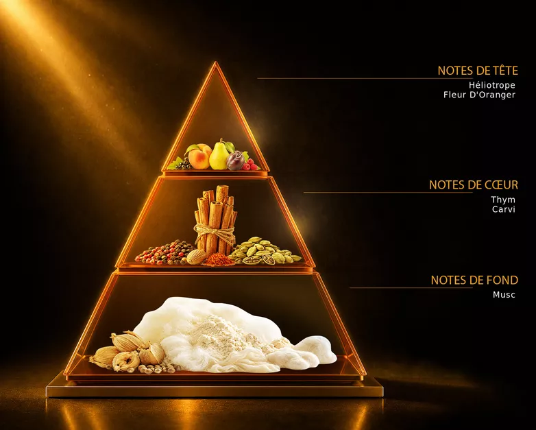 Pyramide olfactive du parfum Aicha, avec ses notes de tête, de cœur et de fond