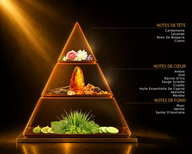 Pyramide olfactive du parfum Alexandria II Anniv, avec ses notes de tête, de cœur et de fond