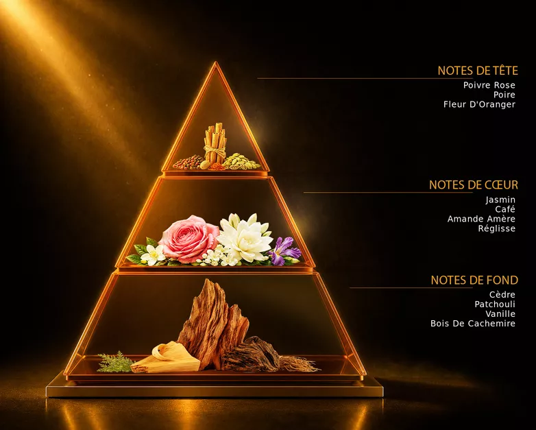 Pyramide olfactive du parfum BLACK OP, avec ses notes de tête, de cœur et de fond