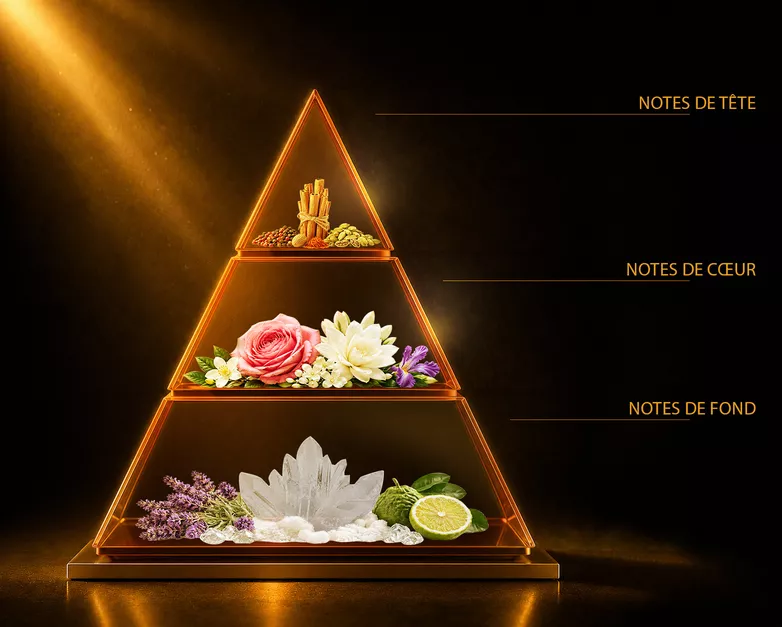 Pyramide olfactive du parfum FLUIDITÉ OR, avec ses notes de tête, de cœur et de fond
