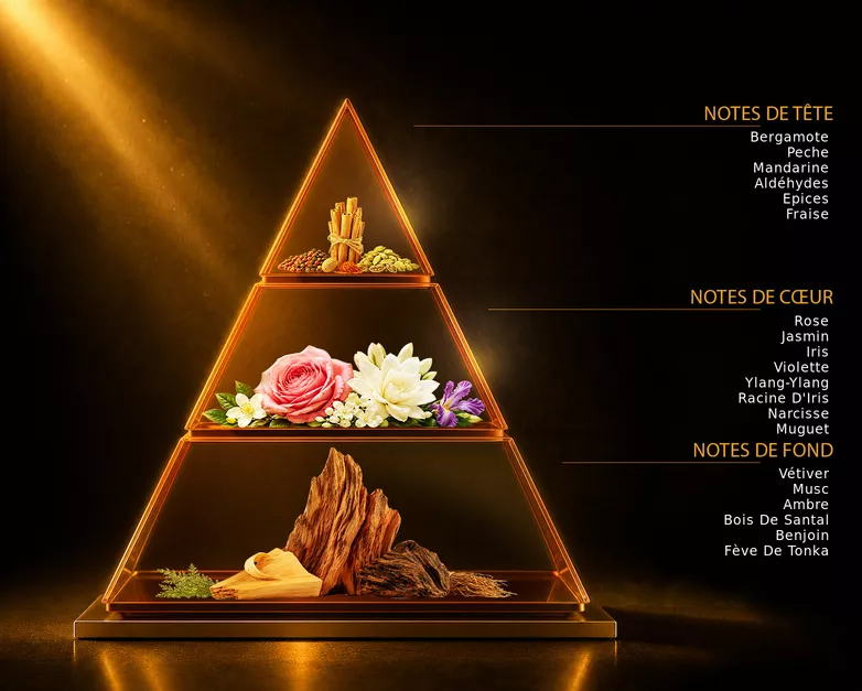 Pyramide olfactive du parfum Interdit de l'interdit, avec ses notes de tête, de cœur et de fond