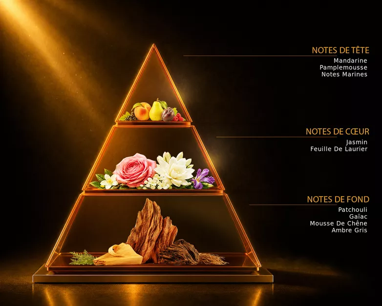 Pyramide olfactive du parfum INVELIS, avec ses notes de tête, de cœur et de fond