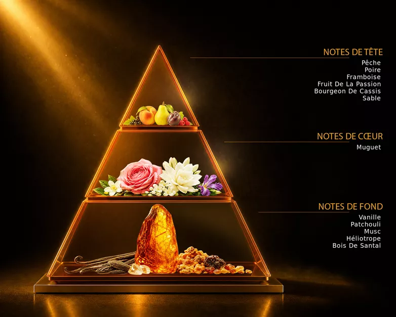 Pyramide olfactive du parfum Kirke, avec ses notes de tête, de cœur et de fond