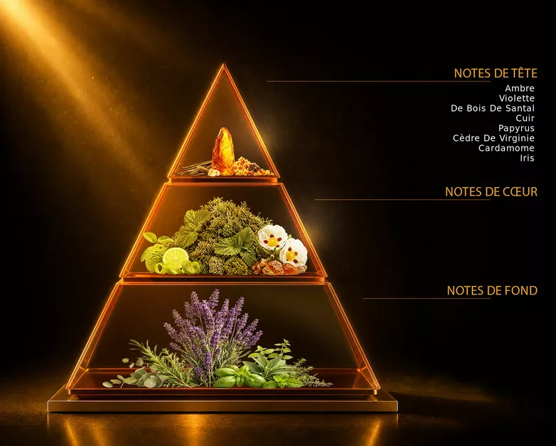 Pyramide olfactive du parfum LE 33, avec ses notes de tête, de cœur et de fond