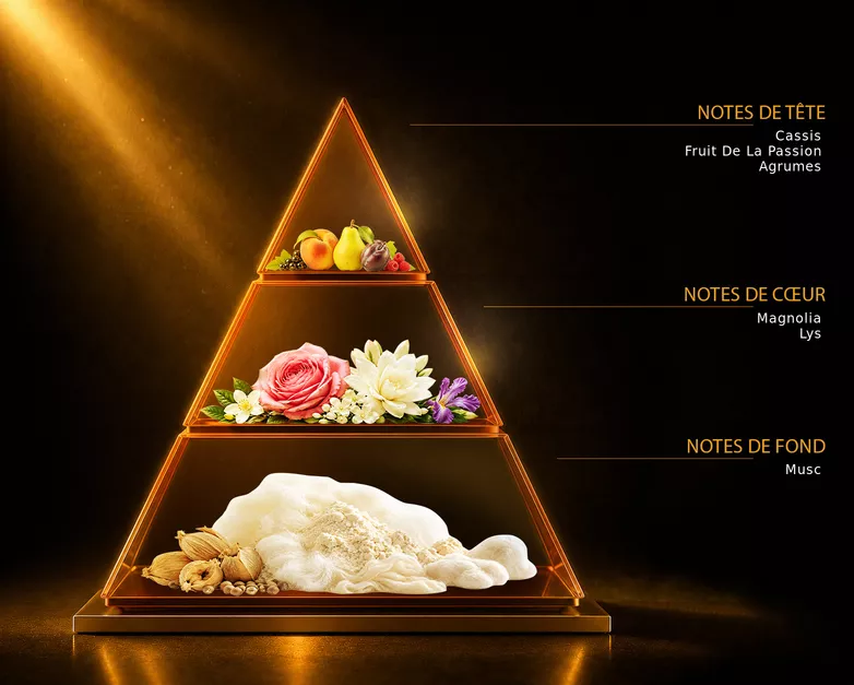 Pyramide olfactive du parfum LE FRUIT DU OUD, avec ses notes de tête, de cœur et de fond