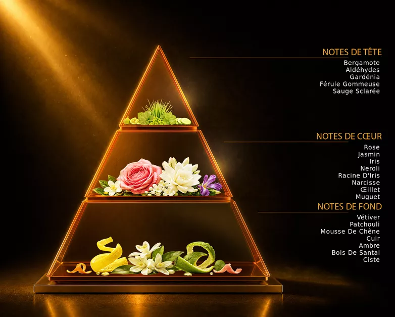 Pyramide olfactive du parfum Miss Dior, avec ses notes de tête, de cœur et de fond