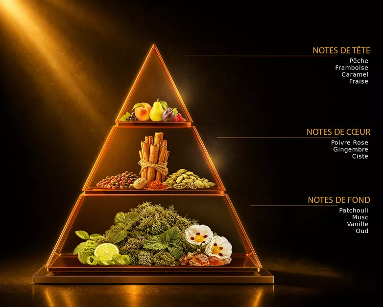 Pyramide olfactive du parfum Moula, avec ses notes de tête, de cœur et de fond