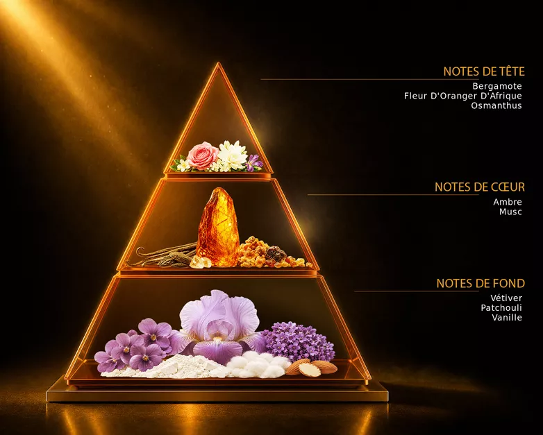 Pyramide olfactive du parfum POUDRÉE, avec ses notes de tête, de cœur et de fond