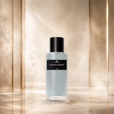 Visuel du parfum FLUIDITÉ ARGENT, avec son flacon, son étiquette et sa présentation produit