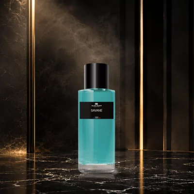 Visuel du parfum Savane, avec son flacon, son étiquette et sa présentation produit