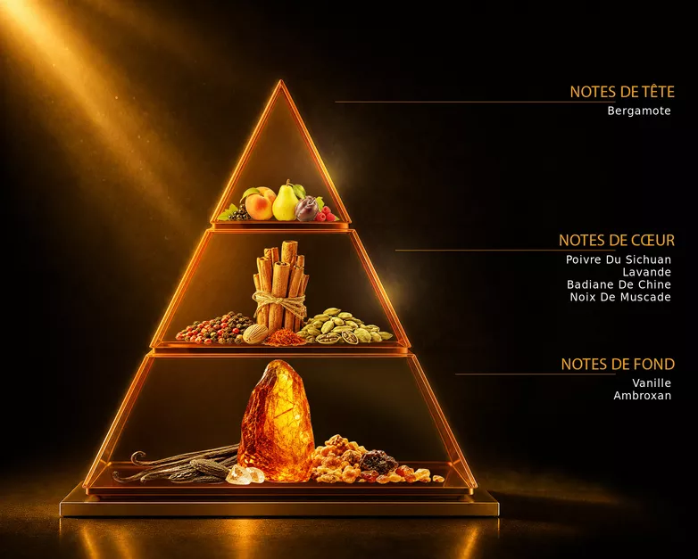 Pyramide olfactive du parfum Savane, avec ses notes de tête, de cœur et de fond