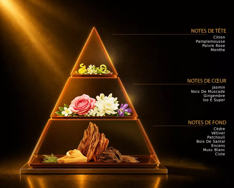 Pyramide olfactive du parfum Bleu Shado, avec ses notes de tête, de cœur et de fond